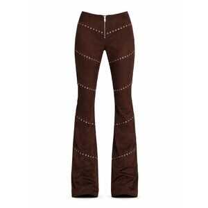 Dolls Kill Current Mood Brown Studded Faux Suede Flared Pants